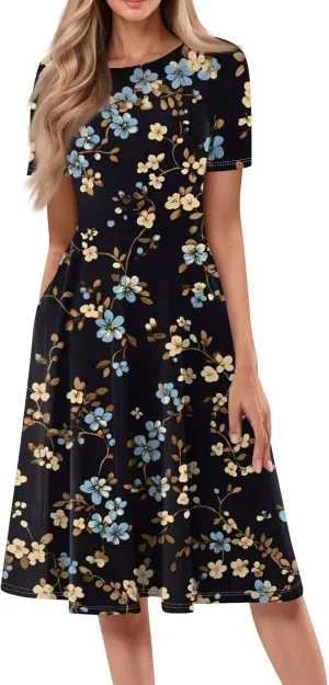 Summer Dresses for Women 2025 Midi Short Sleeve Round Neck Floral Elegant Pleated with Side Pocket A Line Sundresses