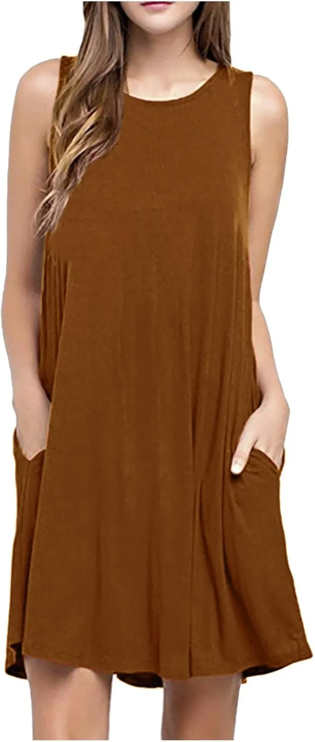 Summer Dresses for Women 2025 Sleeveless Mini Sundresses Crewneck Swing Dress Trendy Vacation Beach Dress with Pockets