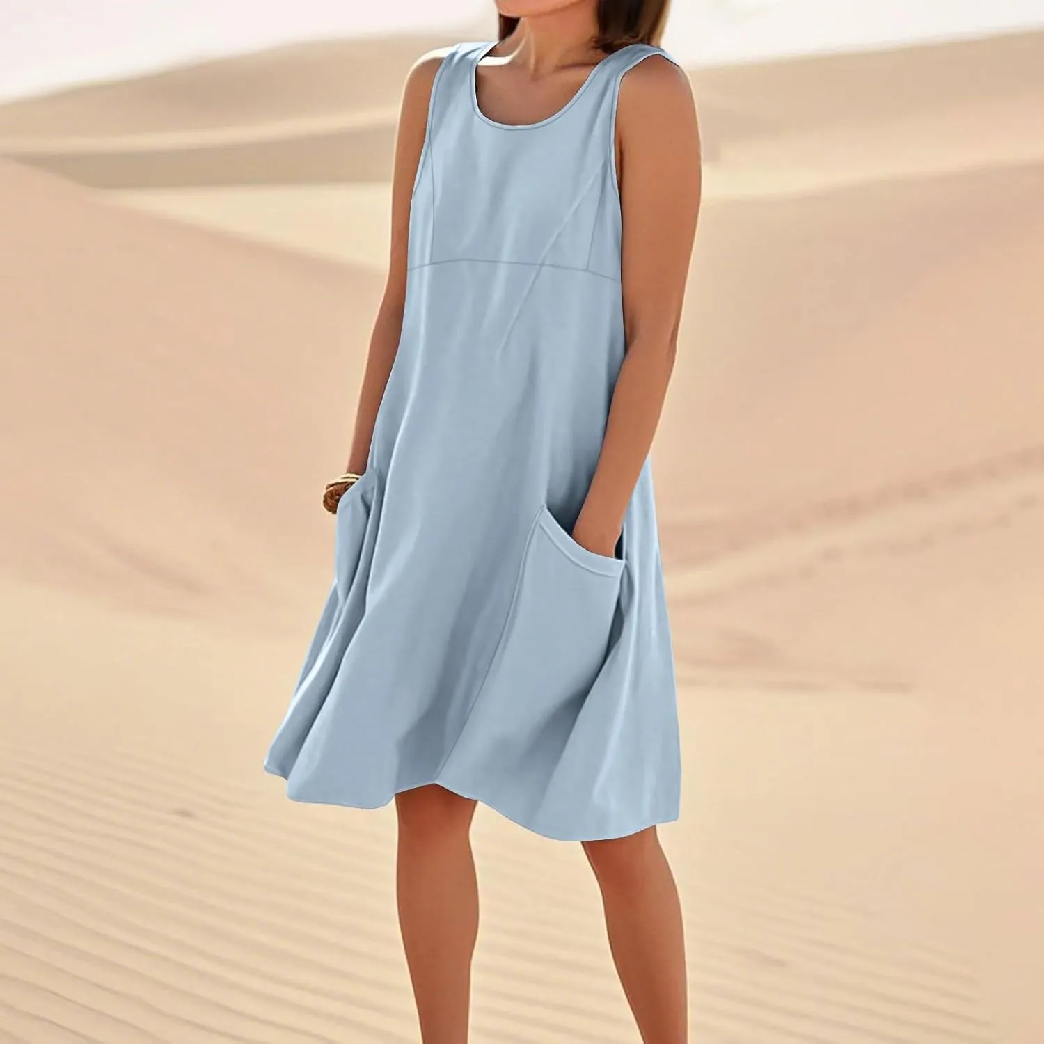Summer Dresses for Women 2025 Sleeveless Scoop Neck Bohemian Floral Sundress Pockets Swing Casual Loose Tshirt Dress
