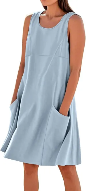 Summer Dresses for Women 2025 Sleeveless Scoop Neck Bohemian Floral Sundress Pockets Swing Casual Loose Tshirt Dress