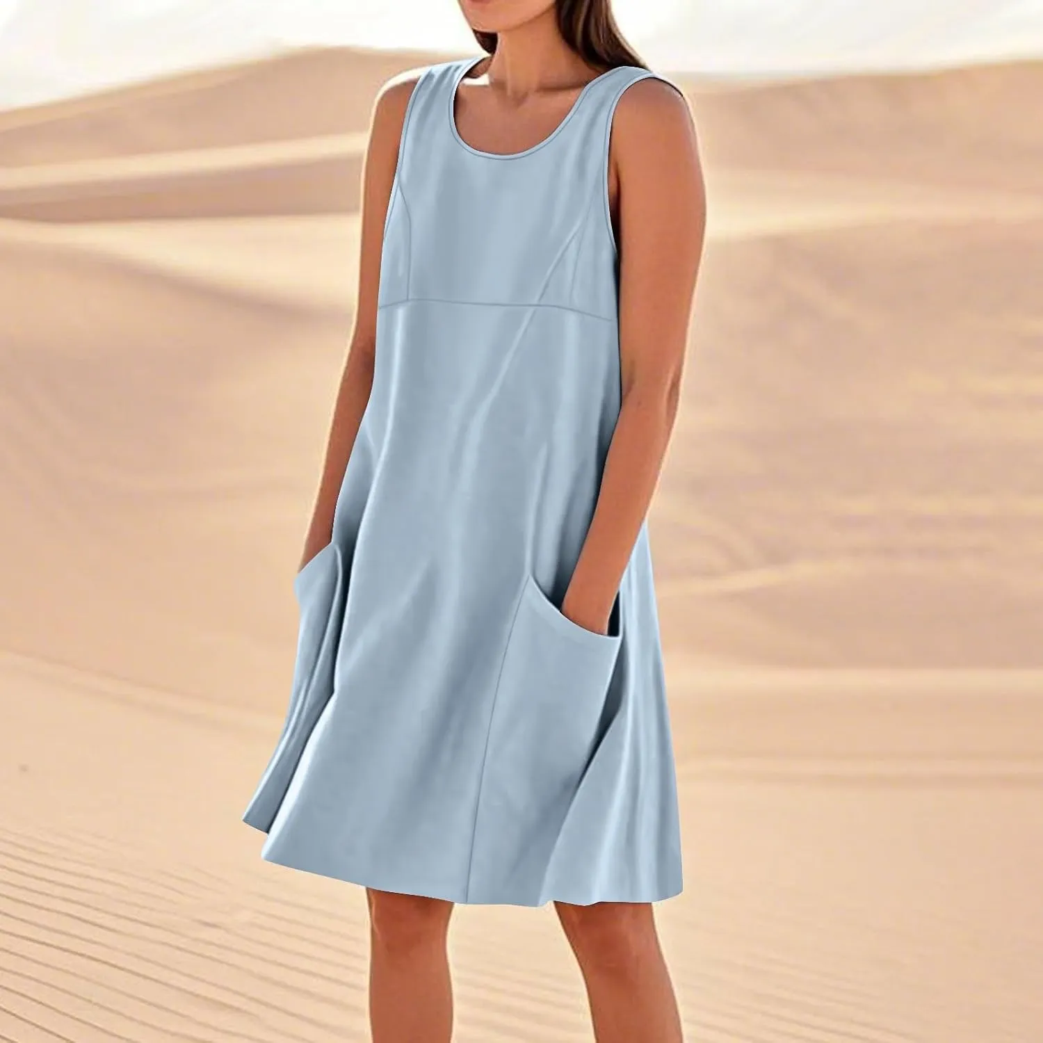 Summer Dresses for Women 2025 Sleeveless Scoop Neck Bohemian Floral Sundress Pockets Swing Casual Loose Tshirt Dress
