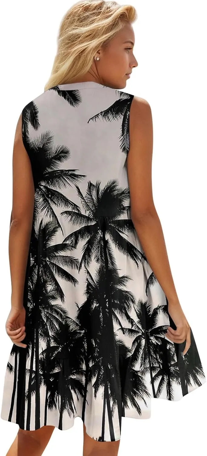 Summer Dresses for Women 2025 Sleeveless V Neck Mini Dress Flowy Boho Floral Ruffle A Line Swing Beach Sundress