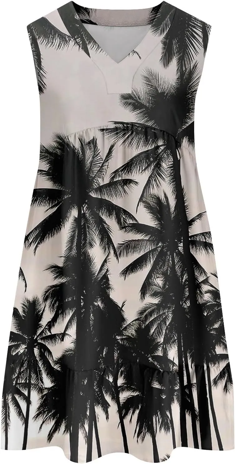 Summer Dresses for Women 2025 Sleeveless V Neck Mini Dress Flowy Boho Floral Ruffle A Line Swing Beach Sundress