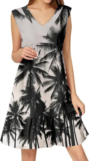 Summer Dresses for Women 2025 Sleeveless V Neck Mini Dress Flowy Boho Floral Ruffle A Line Swing Beach Sundress