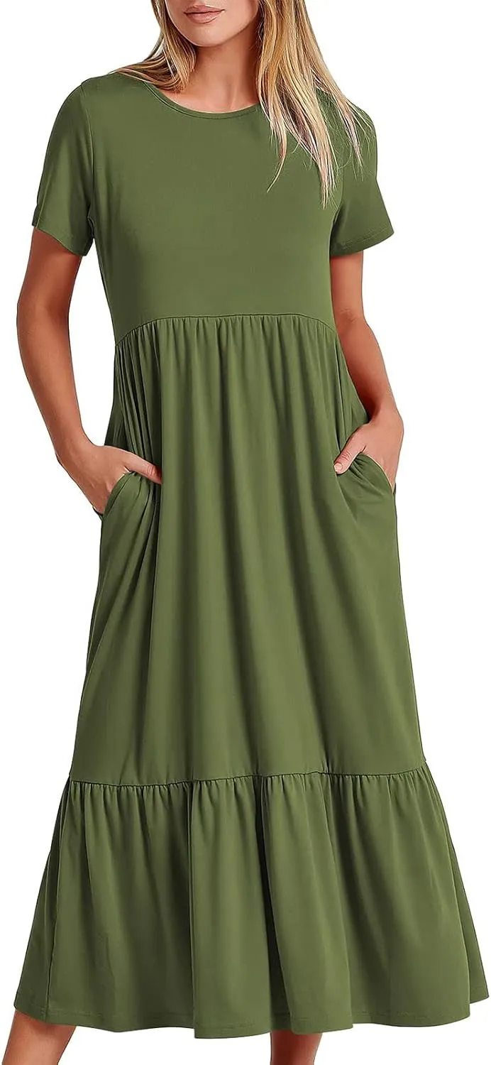 Summer Dresses for Women 2025 Tiered Vacation Long Beach Sundress Casual Loose Short Sleeve Dress with Pockets