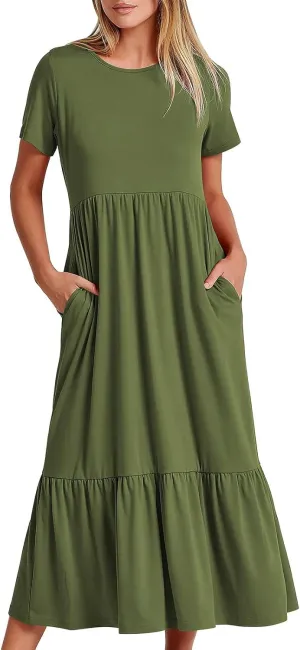 Summer Dresses for Women 2025 Tiered Vacation Long Beach Sundress Casual Loose Short Sleeve Dress with Pockets