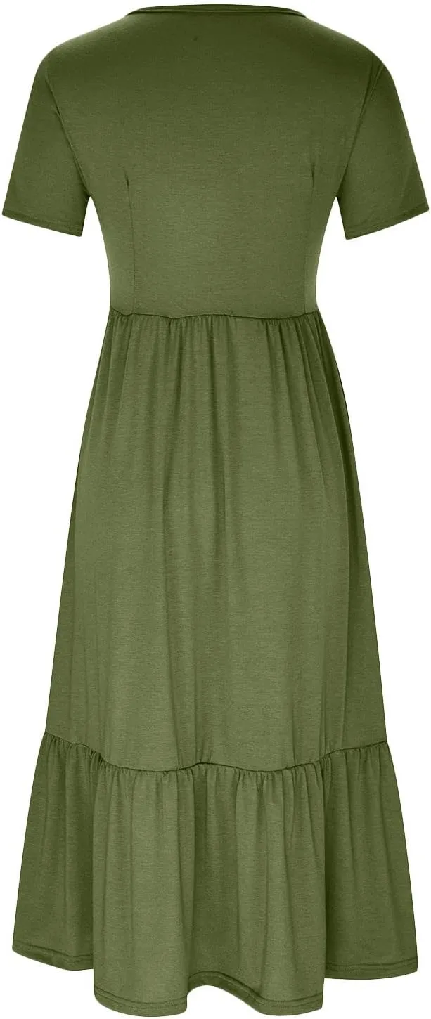 Summer Dresses for Women 2025 Tiered Vacation Long Beach Sundress Casual Loose Short Sleeve Dress with Pockets