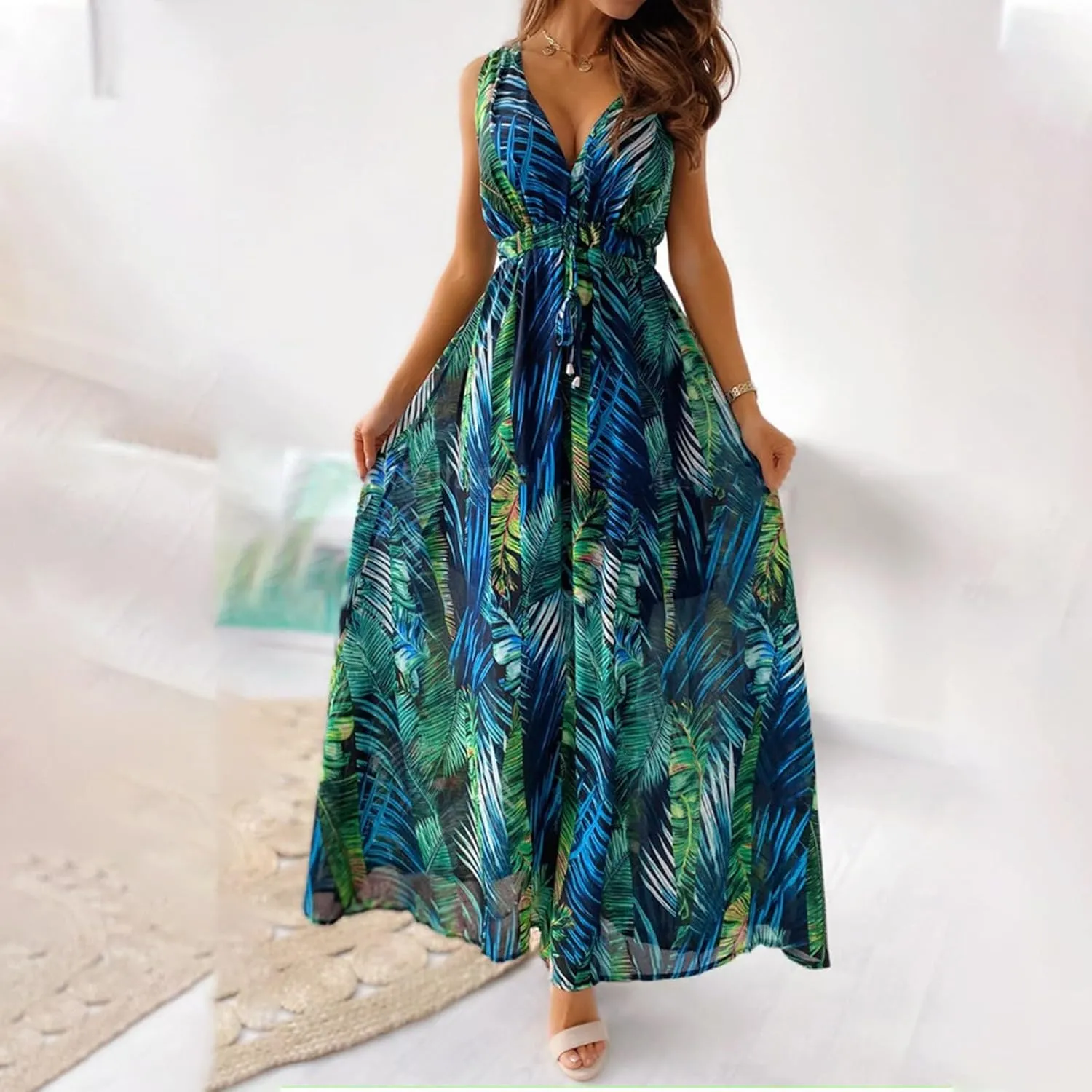 Summer Dresses for Women 2025 Trendy Sleeveless V Neck Floral Hawaiian Dress Flowy Maxi Sexy Beach Sundresses
