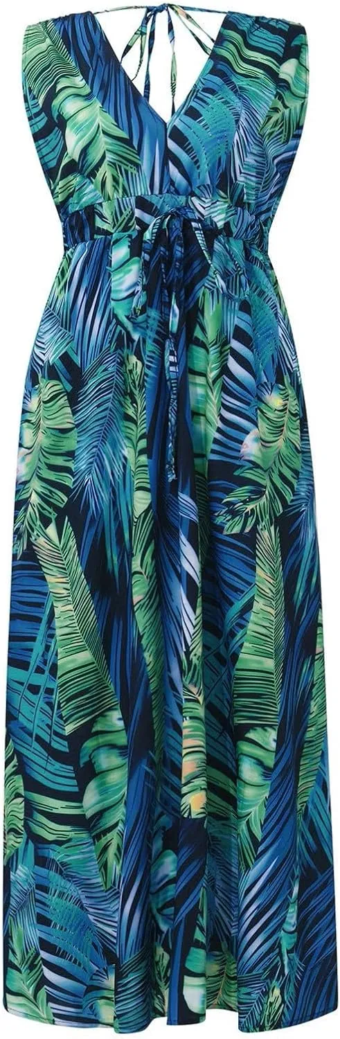 Summer Dresses for Women 2025 Trendy Sleeveless V Neck Floral Hawaiian Dress Flowy Maxi Sexy Beach Sundresses