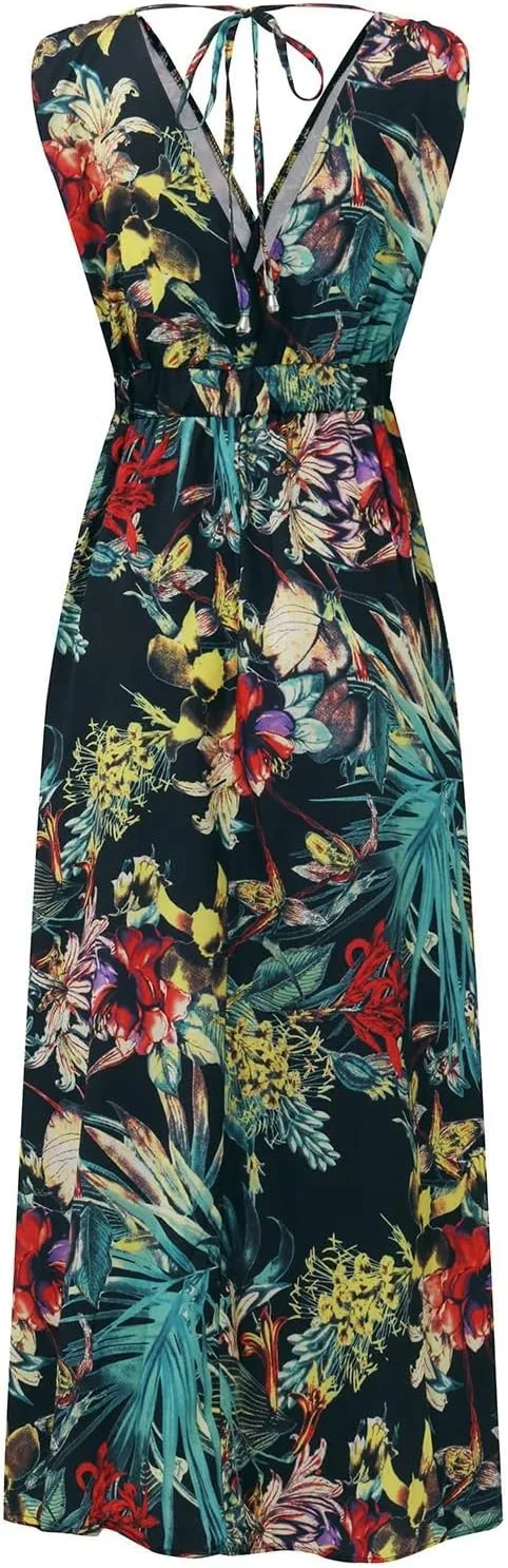 Summer Dresses for Women 2025 Trendy Sleeveless V Neck Floral Hawaiian Dress Flowy Maxi Sexy Beach Sundresses