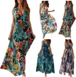 Summer Dresses for Women 2025 Trendy Sleeveless V Neck Floral Hawaiian Dress Flowy Maxi Sexy Beach Sundresses