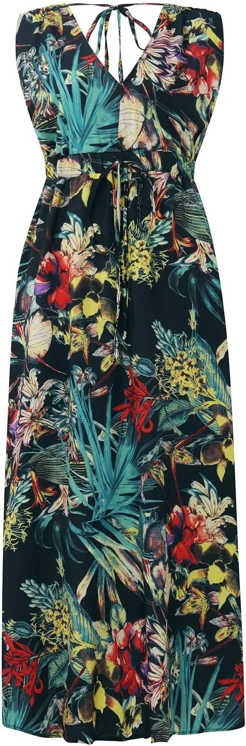 Summer Dresses for Women 2025 Trendy Sleeveless V Neck Floral Hawaiian Dress Flowy Maxi Sexy Beach Sundresses