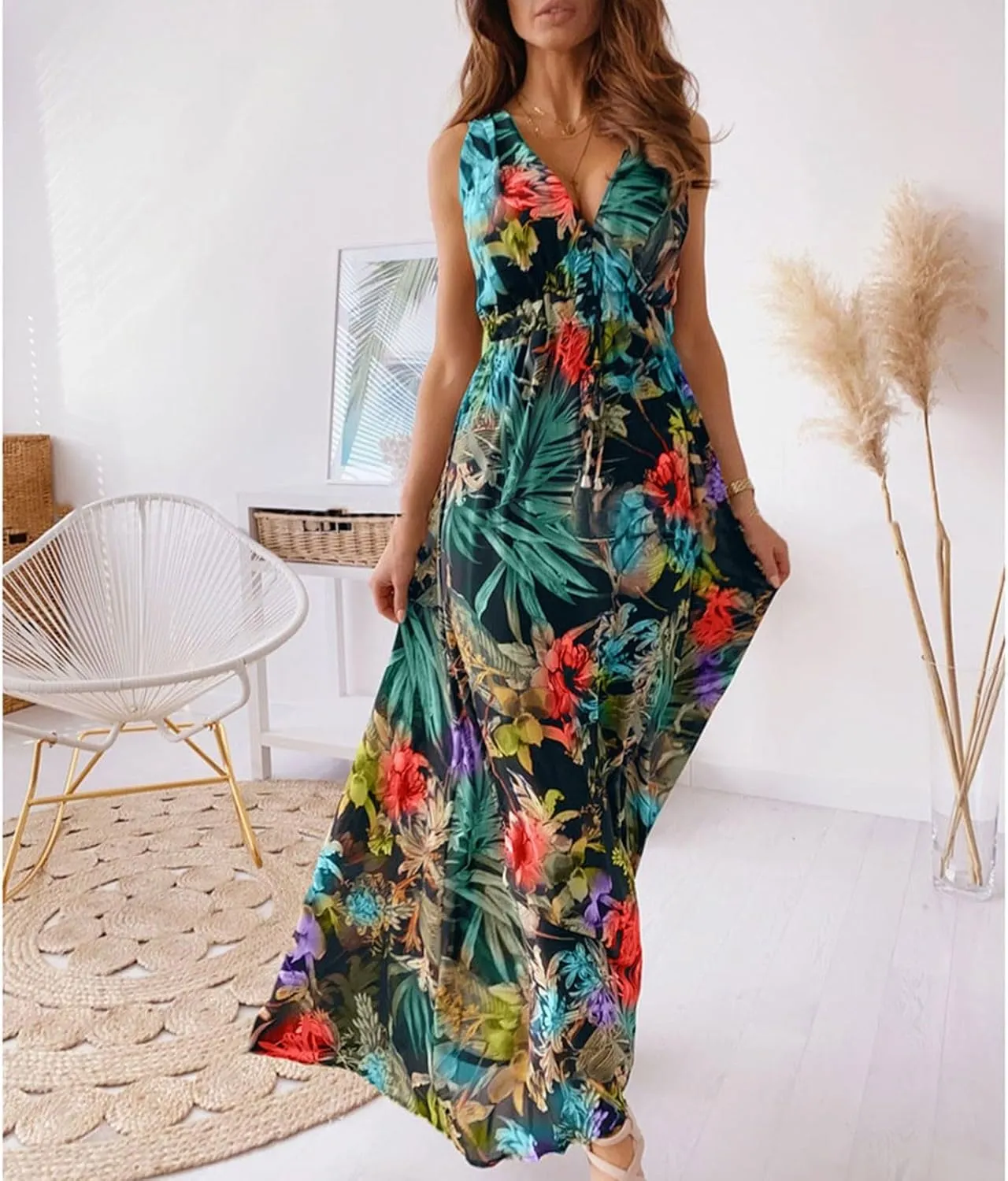 Summer Dresses for Women 2025 Trendy Sleeveless V Neck Floral Hawaiian Dress Flowy Maxi Sexy Beach Sundresses
