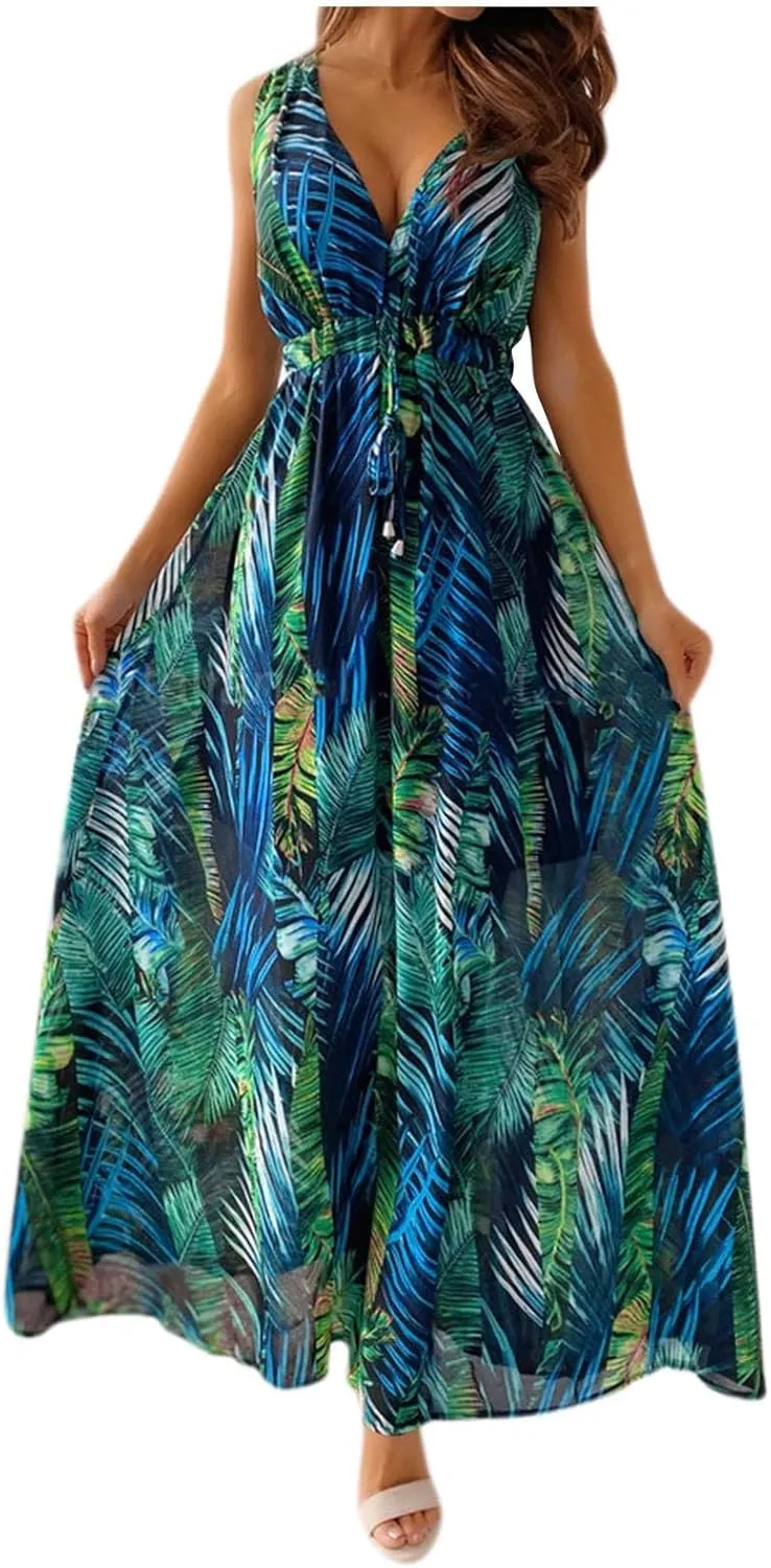 Summer Dresses for Women 2025 Trendy Sleeveless V Neck Floral Hawaiian Dress Flowy Maxi Sexy Beach Sundresses