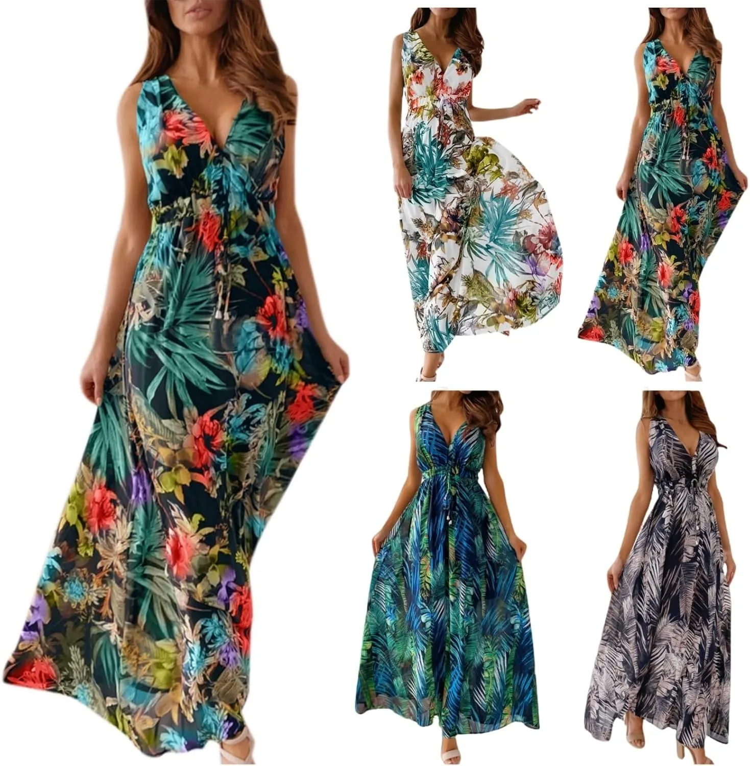 Summer Dresses for Women 2025 Trendy Sleeveless V Neck Floral Hawaiian Dress Flowy Maxi Sexy Beach Sundresses