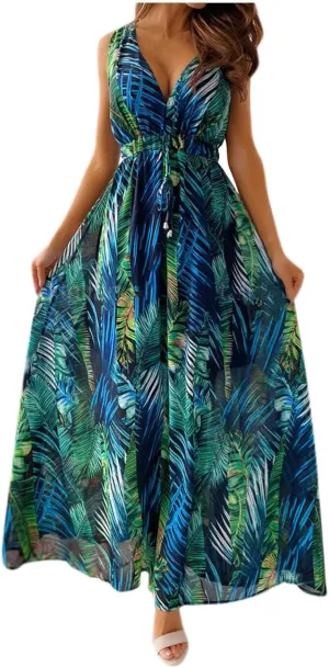 Summer Dresses for Women 2025 Trendy Sleeveless V Neck Floral Hawaiian Dress Flowy Maxi Sexy Beach Sundresses