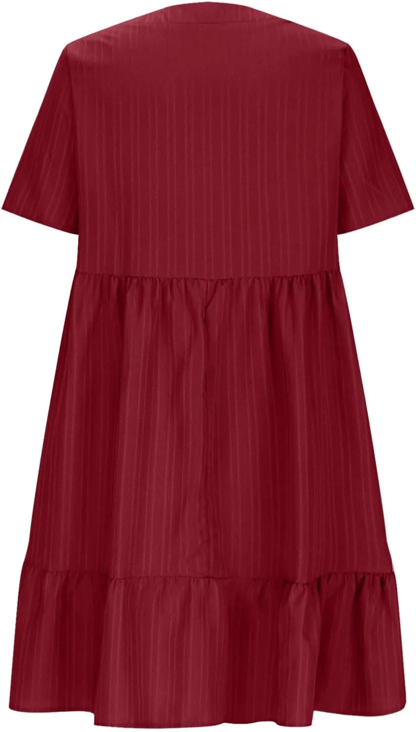 Summer Dresses for Women 2025 Vacation Short Sleeve V Neck Mini T Shirt Dress Pleated Flowy Tiered Beach Sundress