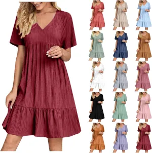 Summer Dresses for Women 2025 Vacation Short Sleeve V Neck Mini T Shirt Dress Pleated Flowy Tiered Beach Sundress