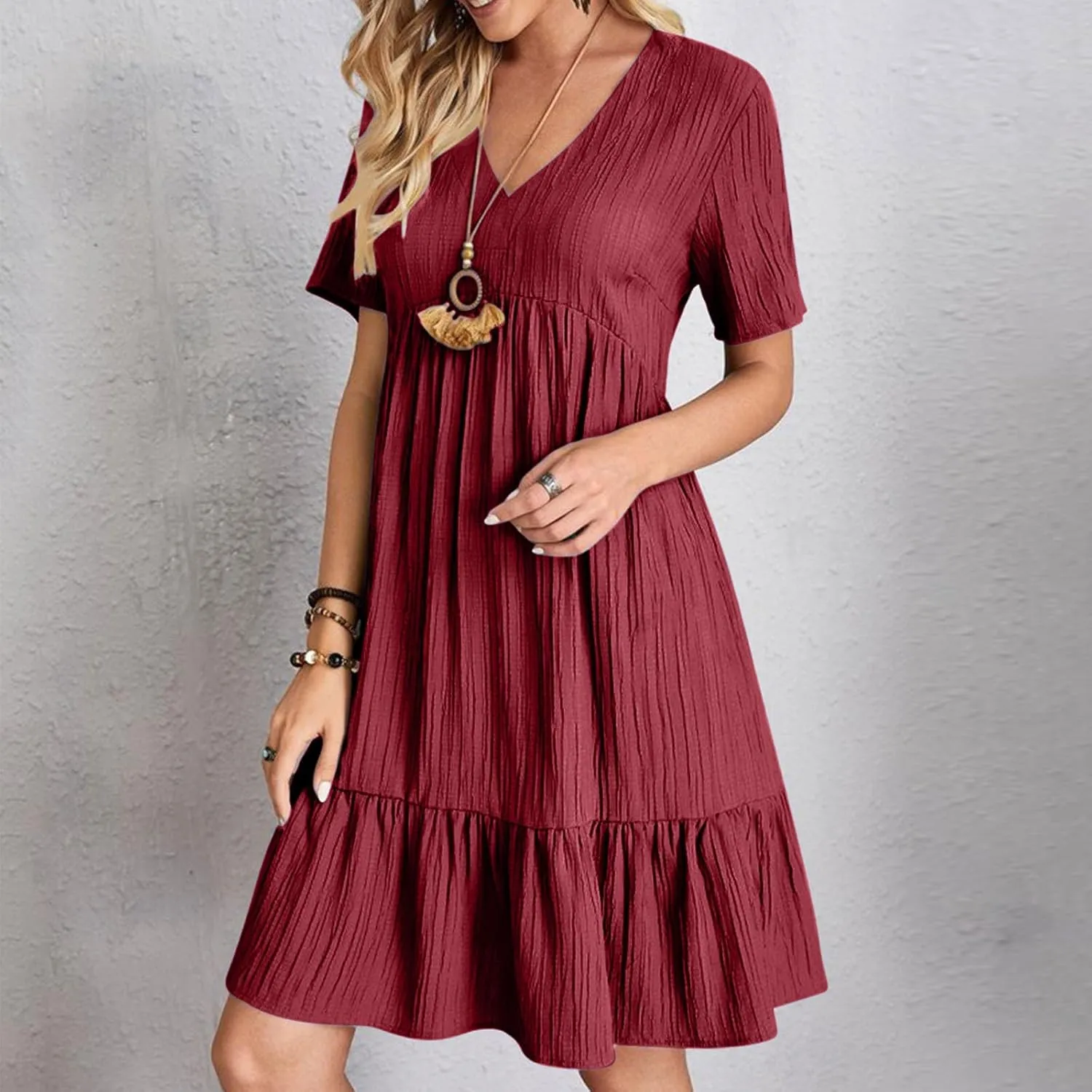 Summer Dresses for Women 2025 Vacation Short Sleeve V Neck Mini T Shirt Dress Pleated Flowy Tiered Beach Sundress