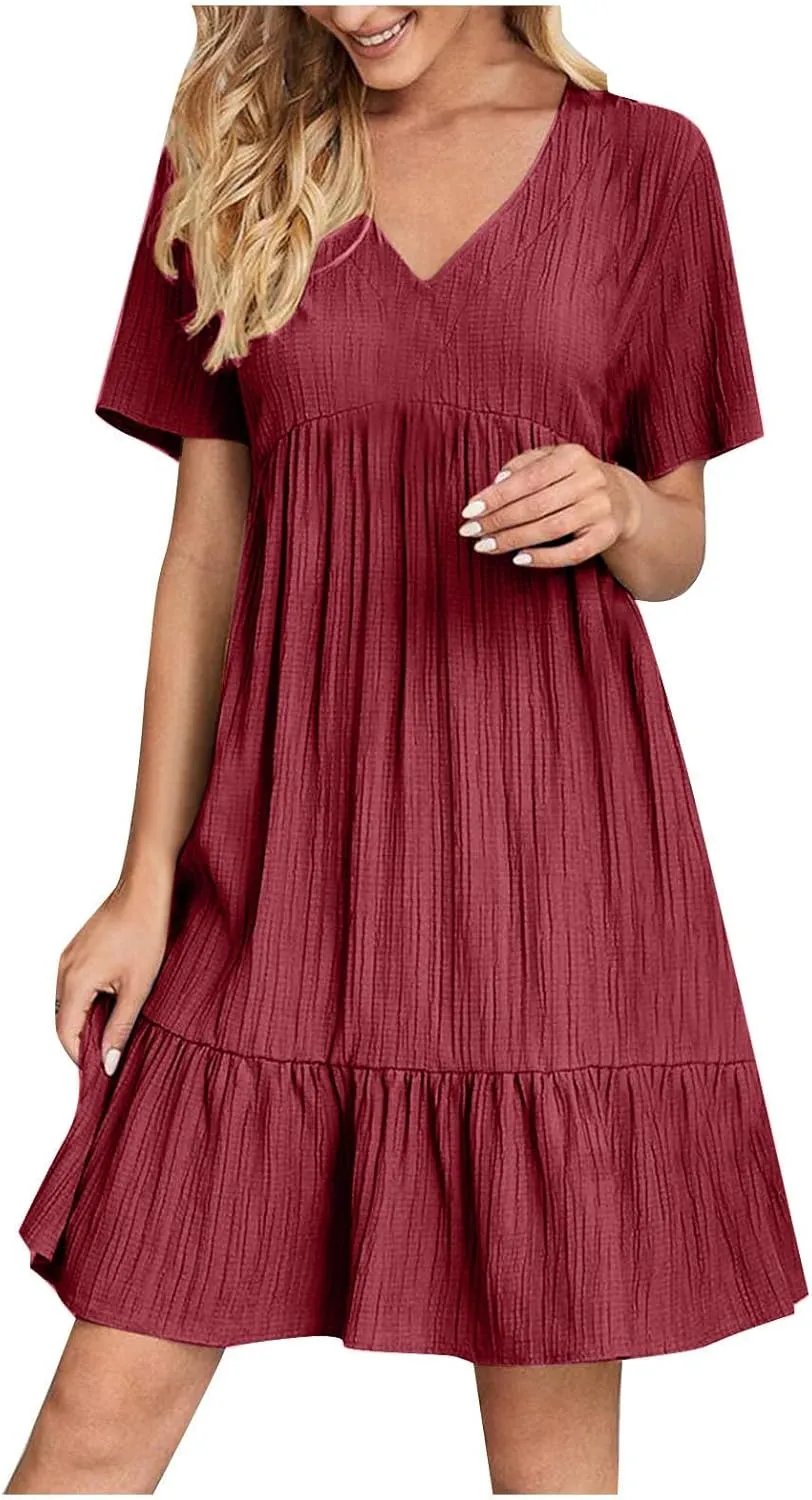 Summer Dresses for Women 2025 Vacation Short Sleeve V Neck Mini T Shirt Dress Pleated Flowy Tiered Beach Sundress