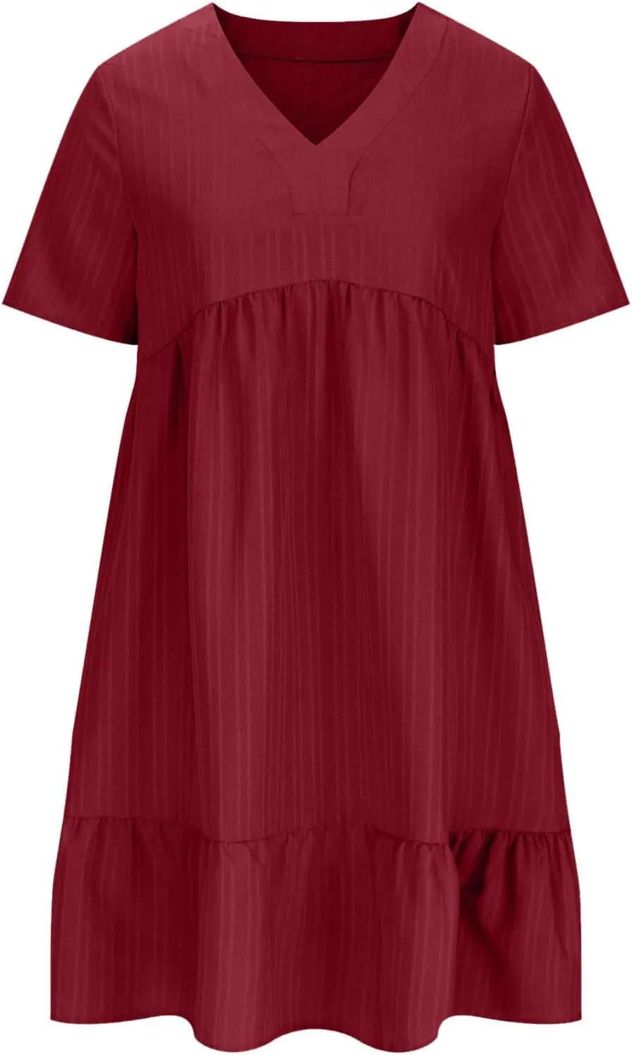 Summer Dresses for Women 2025 Vacation Short Sleeve V Neck Mini T Shirt Dress Pleated Flowy Tiered Beach Sundress