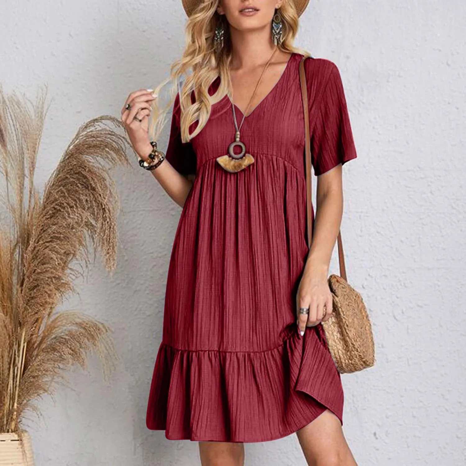 Summer Dresses for Women 2025 Vacation Short Sleeve V Neck Mini T Shirt Dress Pleated Flowy Tiered Beach Sundress