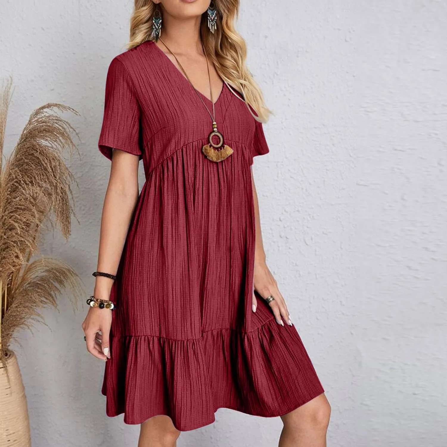 Summer Dresses for Women 2025 Vacation Short Sleeve V Neck Mini T Shirt Dress Pleated Flowy Tiered Beach Sundress