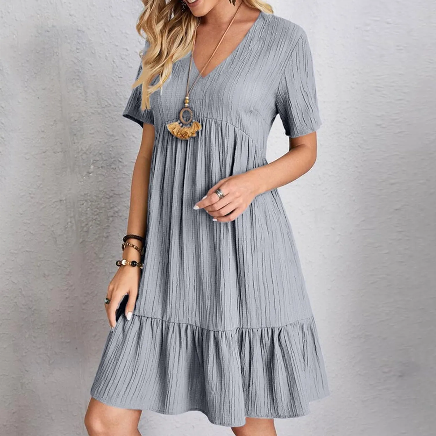 Summer Dresses for Women 2025 Vacation Short Sleeve v Neck Mini T Shirt Dress Pleated Ruffle Flowy Beach Sundresses