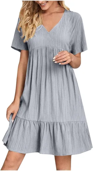 Summer Dresses for Women 2025 Vacation Short Sleeve v Neck Mini T Shirt Dress Pleated Ruffle Flowy Beach Sundresses