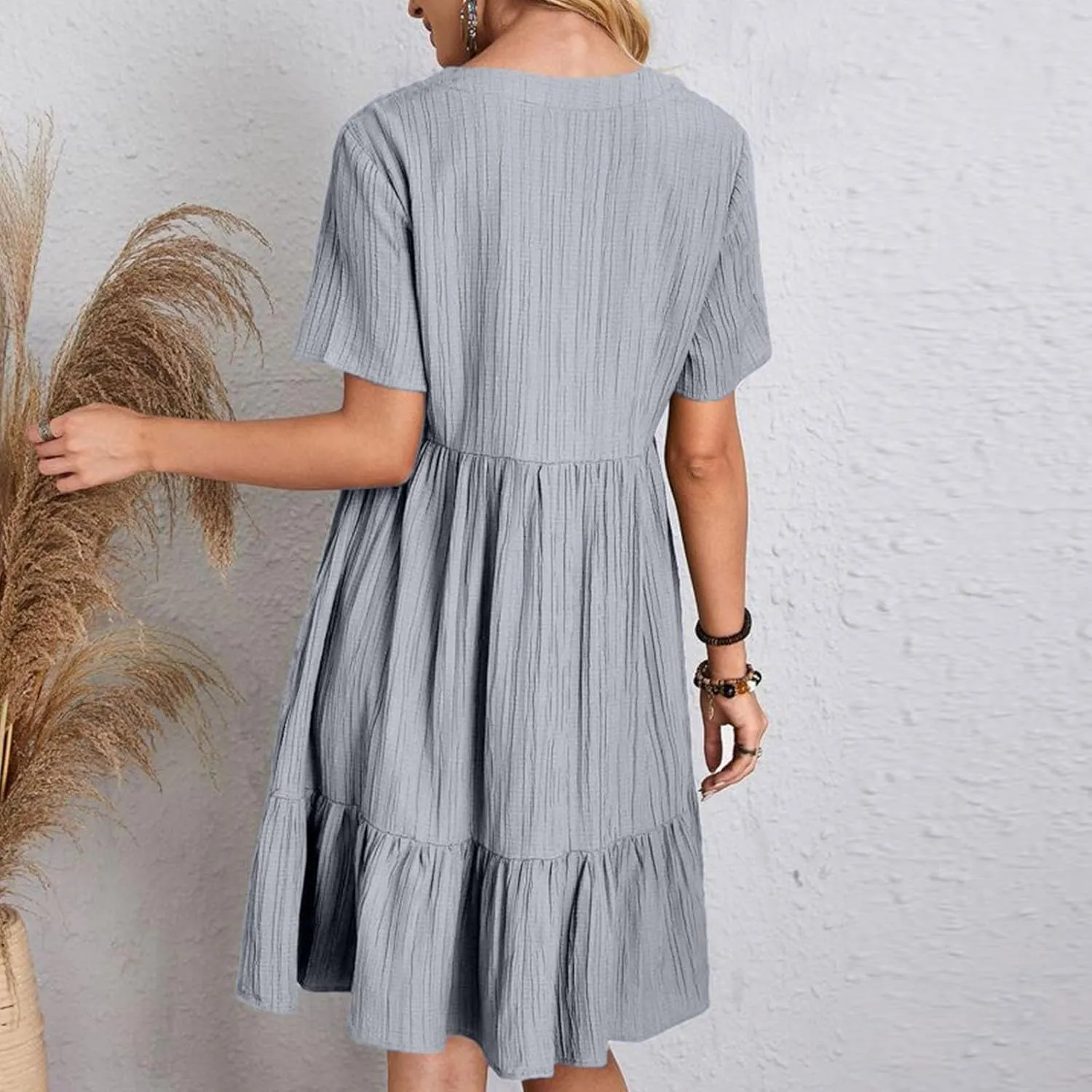 Summer Dresses for Women 2025 Vacation Short Sleeve v Neck Mini T Shirt Dress Pleated Ruffle Flowy Beach Sundresses