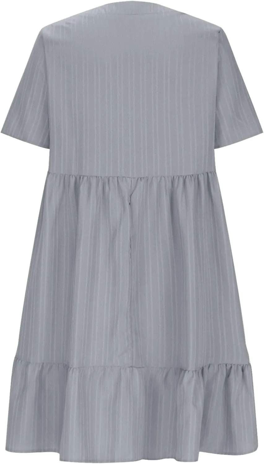 Summer Dresses for Women 2025 Vacation Short Sleeve v Neck Mini T Shirt Dress Pleated Ruffle Flowy Beach Sundresses