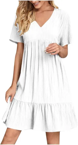 Summer Dresses for Women 2025 Vacation Short Sleeve v Neck Mini T Shirt Dress Pleated Ruffle Flowy Beach Sundresses