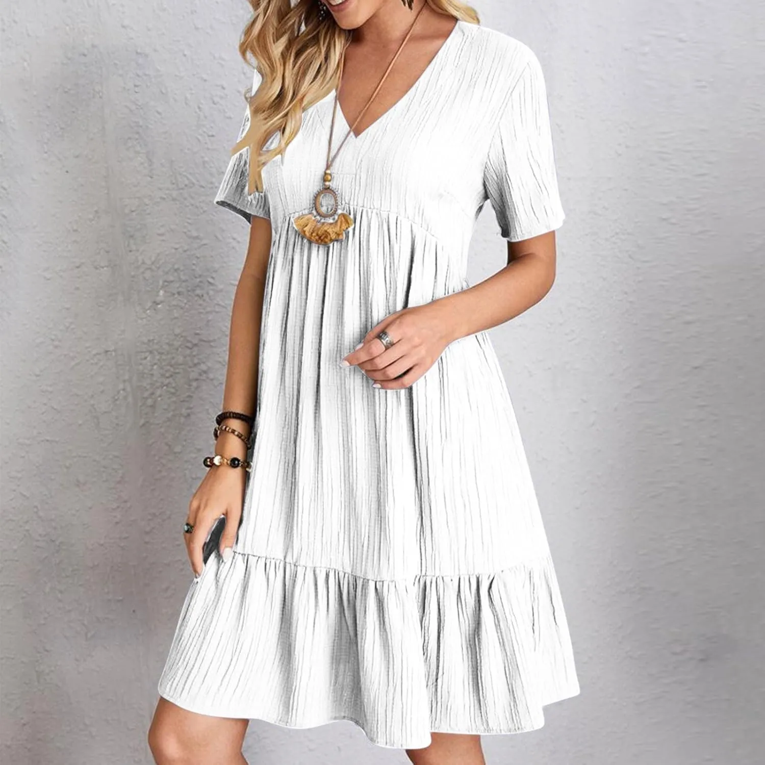 Summer Dresses for Women 2025 Vacation Short Sleeve v Neck Mini T Shirt Dress Pleated Ruffle Flowy Beach Sundresses