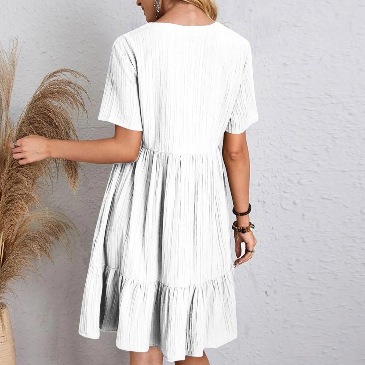 Summer Dresses for Women 2025 Vacation Short Sleeve v Neck Mini T Shirt Dress Pleated Ruffle Flowy Beach Sundresses