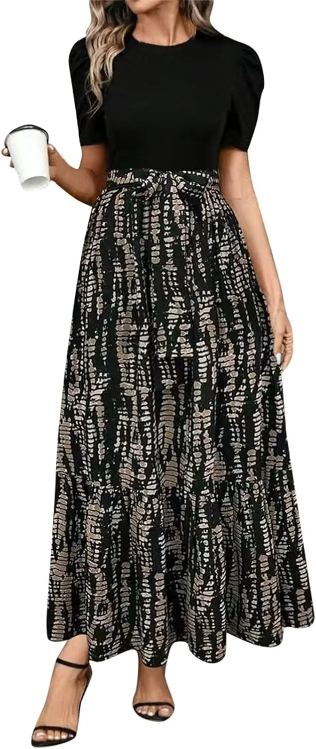 Summer Dresses for Women Puff Sleeve Flowy Floral Dress Casual Maxi Dress with Belt Elegant Sundress Long Dresses