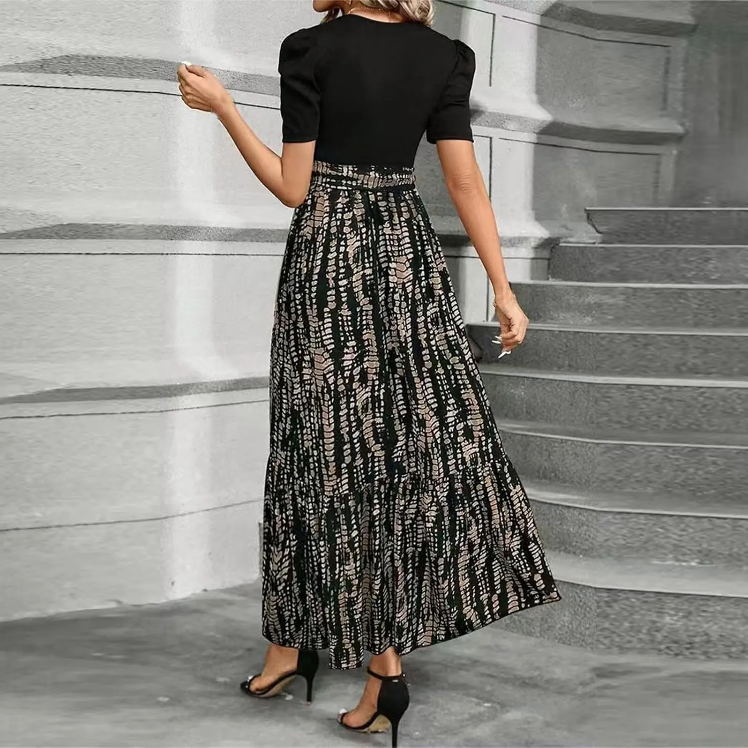 Summer Dresses for Women Puff Sleeve Flowy Floral Dress Casual Maxi Dress with Belt Elegant Sundress Long Dresses