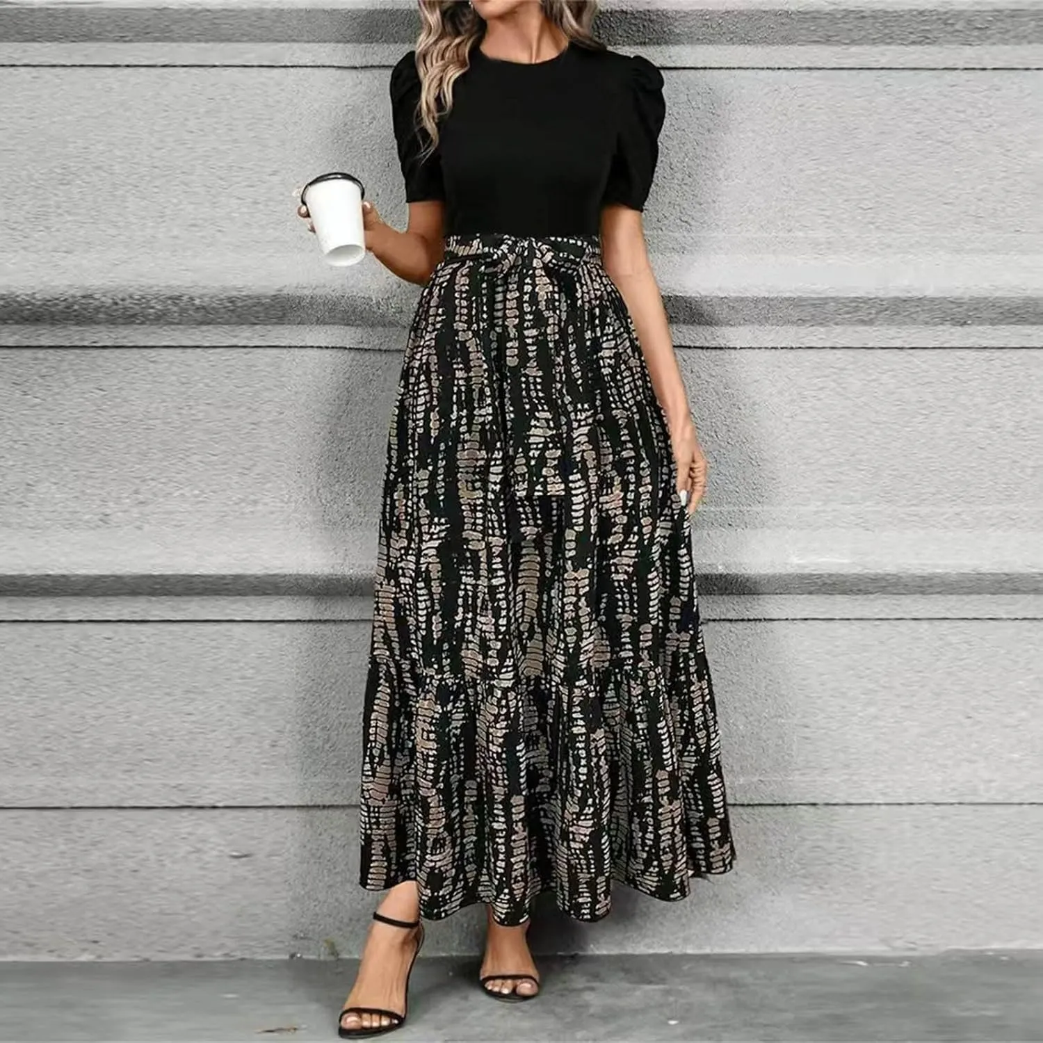 Summer Dresses for Women Puff Sleeve Flowy Floral Dress Casual Maxi Dress with Belt Elegant Sundress Long Dresses