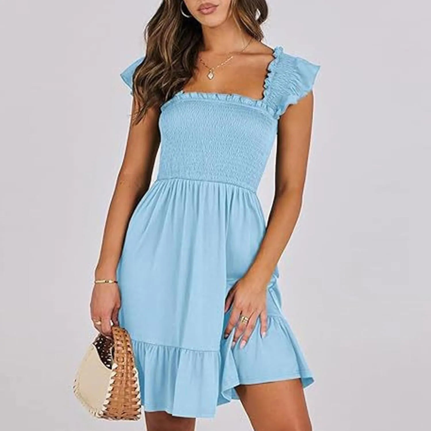 Summer Dresses for Women, Women's Casual Square Neck Ruffle Sleeve Bohemian Smocked A Line Swing Mini Dress Party Sundresses