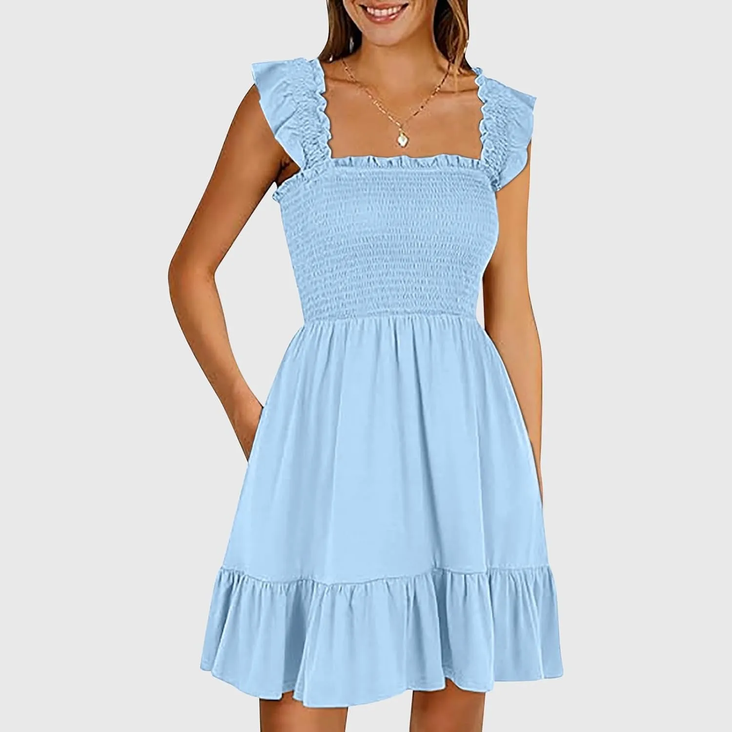 Summer Dresses for Women, Women's Casual Square Neck Ruffle Sleeve Bohemian Smocked A Line Swing Mini Dress Party Sundresses