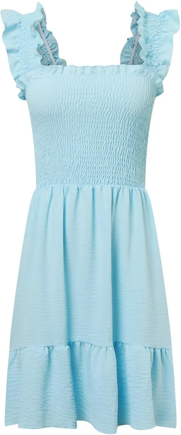 Summer Dresses for Women, Women's Casual Square Neck Ruffle Sleeve Bohemian Smocked A Line Swing Mini Dress Party Sundresses