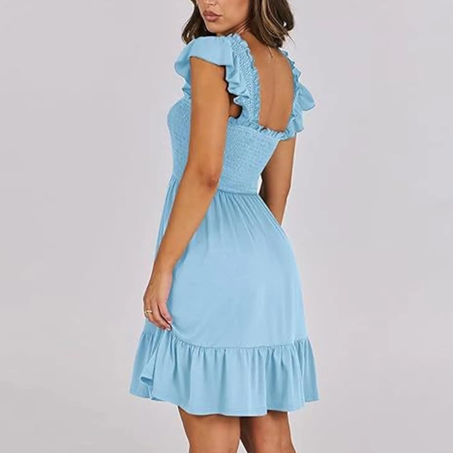 Summer Dresses for Women, Women's Casual Square Neck Ruffle Sleeve Bohemian Smocked A Line Swing Mini Dress Party Sundresses