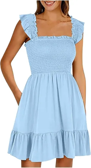 Summer Dresses for Women, Women's Casual Square Neck Ruffle Sleeve Bohemian Smocked A Line Swing Mini Dress Party Sundresses