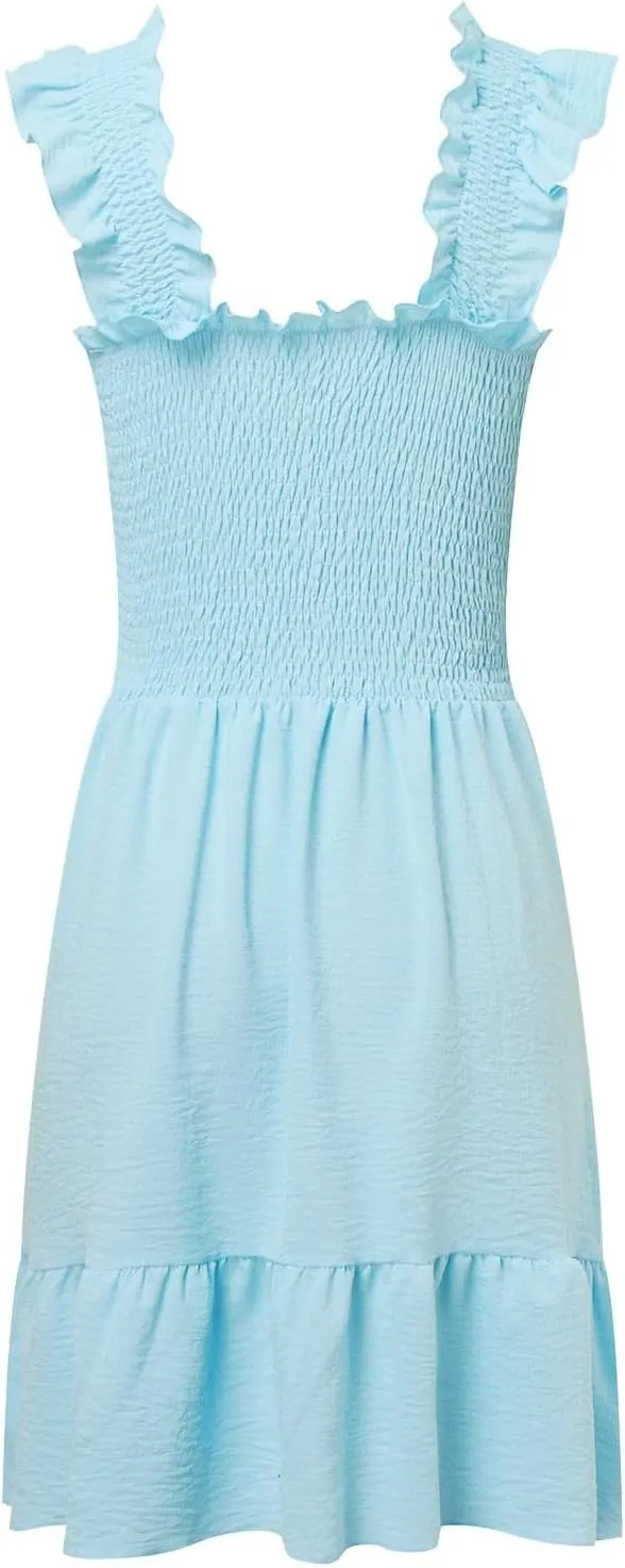 Summer Dresses for Women, Women's Casual Square Neck Ruffle Sleeve Bohemian Smocked A Line Swing Mini Dress Party Sundresses