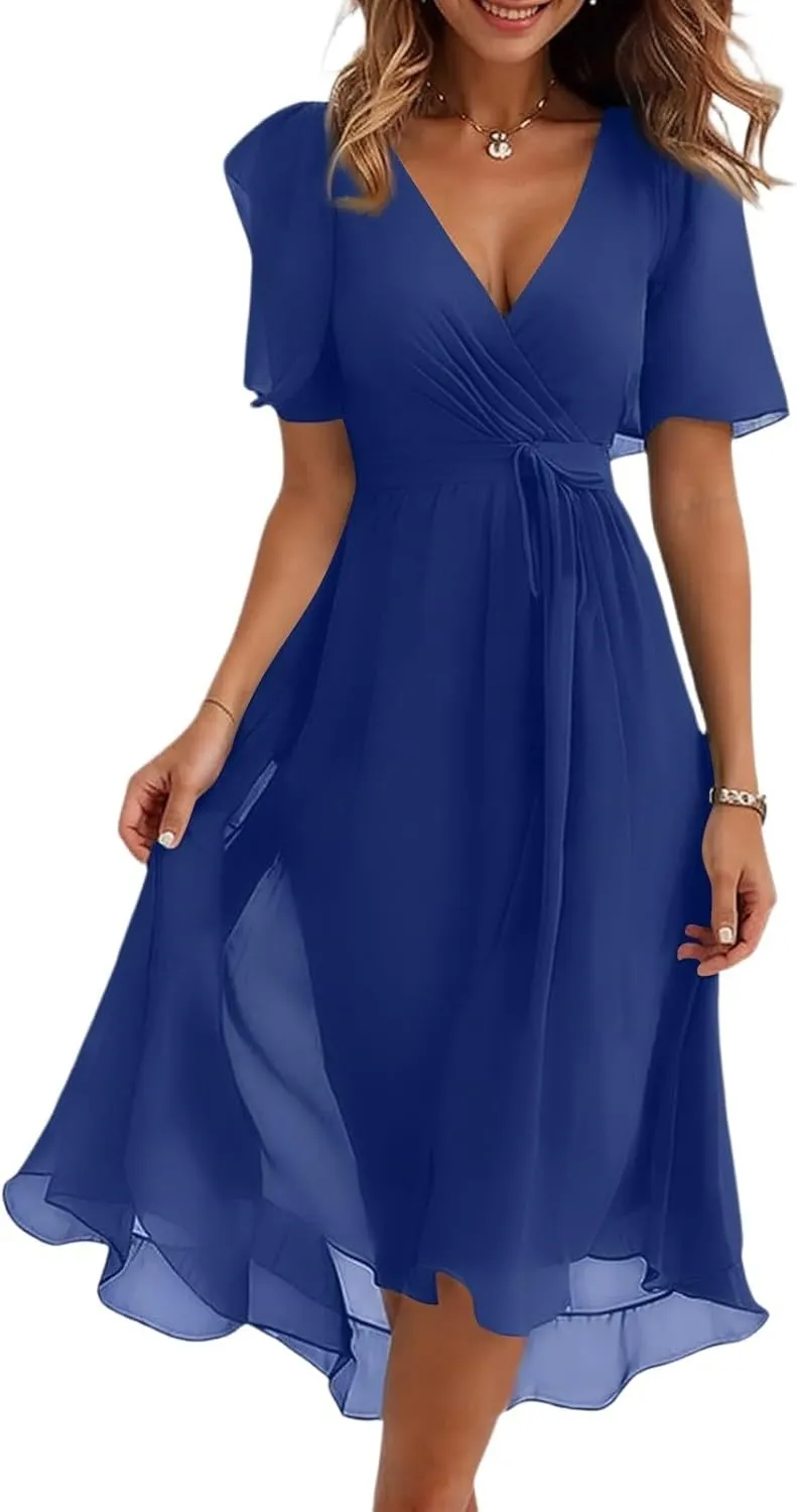 Summer Floral Chiffon Dresses for Women 2025 Midi Trendy Flowy Swing Tie Elastic Waist Short Sleeve V Neck A Line Dress