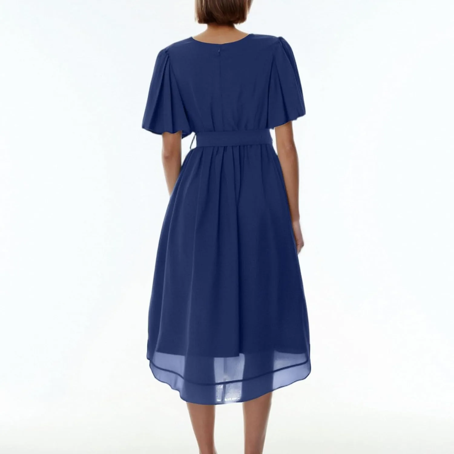 Summer Floral Chiffon Dresses for Women 2025 Midi Trendy Flowy Swing Tie Elastic Waist Short Sleeve V Neck A Line Dress