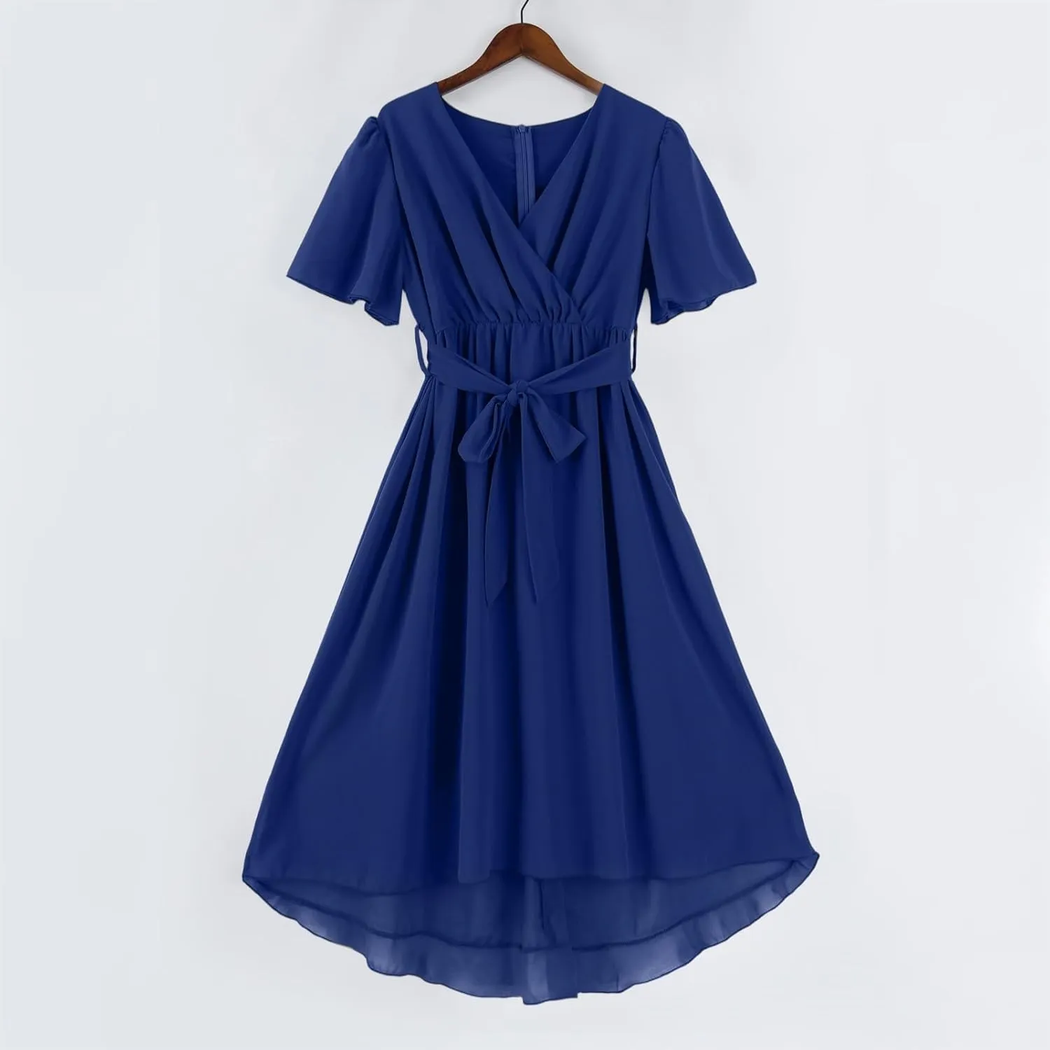 Summer Floral Chiffon Dresses for Women 2025 Midi Trendy Flowy Swing Tie Elastic Waist Short Sleeve V Neck A Line Dress