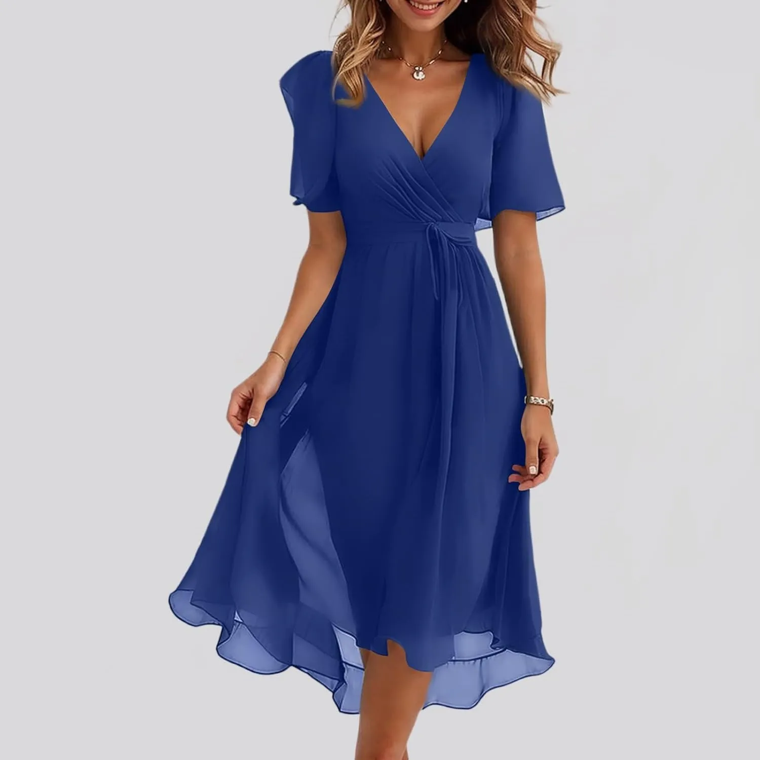 Summer Floral Chiffon Dresses for Women 2025 Midi Trendy Flowy Swing Tie Elastic Waist Short Sleeve V Neck A Line Dress