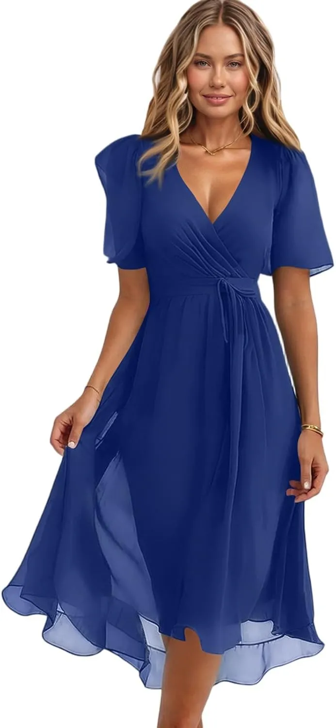 Summer Floral Chiffon Dresses for Women 2025 Midi Trendy Flowy Swing Tie Elastic Waist Short Sleeve V Neck A Line Dress