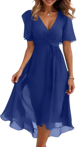 Summer Floral Chiffon Dresses for Women 2025 Midi Trendy Flowy Swing Tie Elastic Waist Short Sleeve V Neck A Line Dress