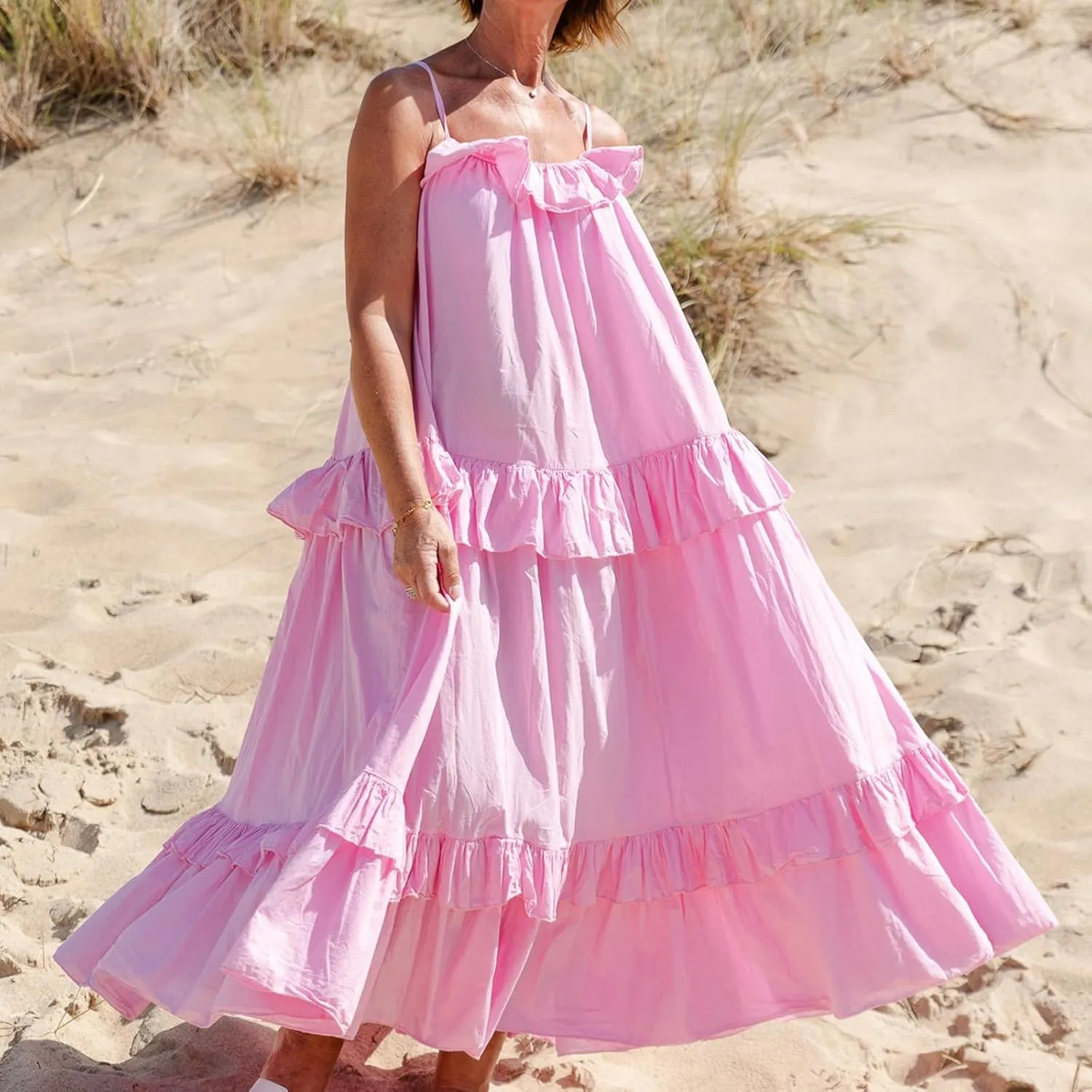 Summer Maxi Dress for Women Sleeveless Spaghetti Strap Ruffle Tiered Maxi Sundress Loose Backless Long Beach Dress
